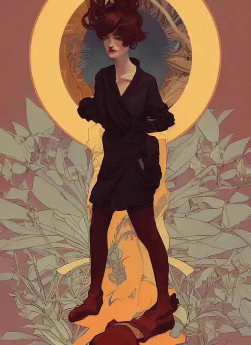 Image similar to mackenzie davis actress, mucha, hard shadows and strong rim light, art by jc leyendecker and atey ghailan and sachin teng