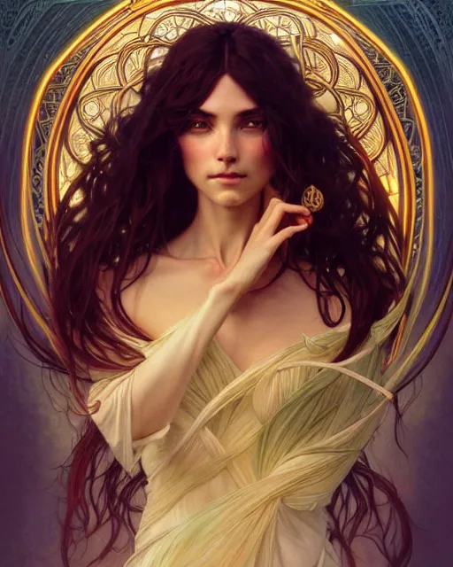 Prompt: portrait of a transcendental creature, d & d, fantasy, intricate, elegant, highly detailed, digital painting, artstation, concept art, smooth, sharp focus, illustration, art by artgerm and greg rutkowski and alphonse mucha, new art nouveau