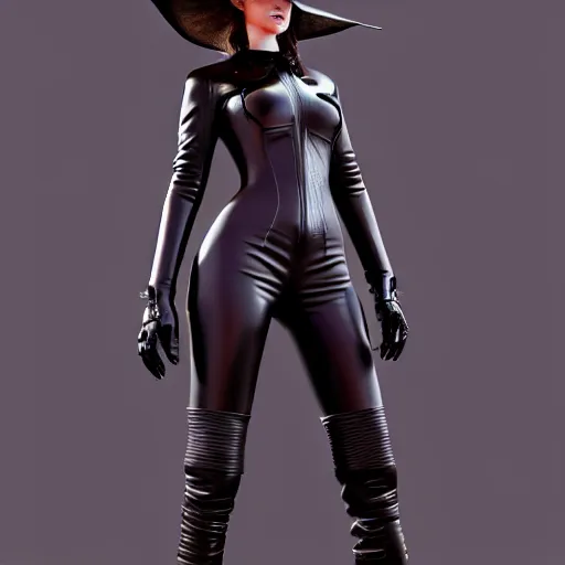 Image similar to a full body painting of a woman sheriff wearing a leather body - suit! and a cowboy hat!, angelic face with stunning eyes!, cyberpunk art by yumihiko amano, cgsociety, figurative art, toonami, zbrush, official art