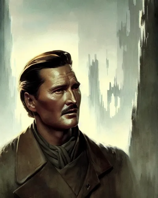 Image similar to Errol Flynn as a scientist. 1980s dystopian Soviet Russia, propaganda screens. Unreal engine, fantasy art by Greg Rutkowski. Faithfully depicted facial expression, perfect anatomy global illumination, radiant light, detailed and intricate environment