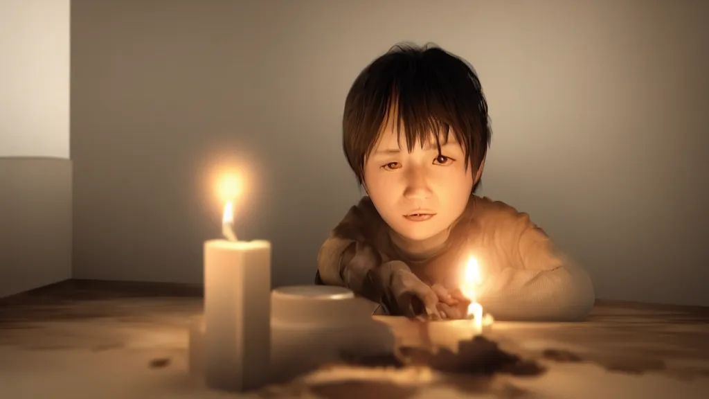 Prompt: child in in an empty room, candle shine, by akihito yoshida, octane render, unreal engine, closeup, depth of field, surrounded by dark people wanting to blow you away,