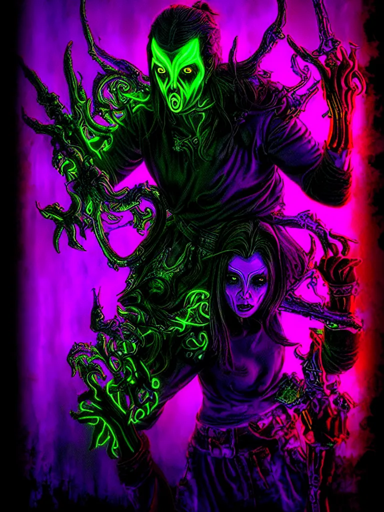 Image similar to glowing fantasy horror blacklight poster hdr