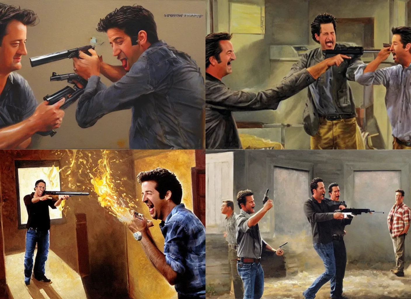 Prompt: young Matthew Perry firing a pistol, muzzle flash, David schwimmer screaming, Matthew Perry laughing, 'friends' tv show episode, painting by James gurney