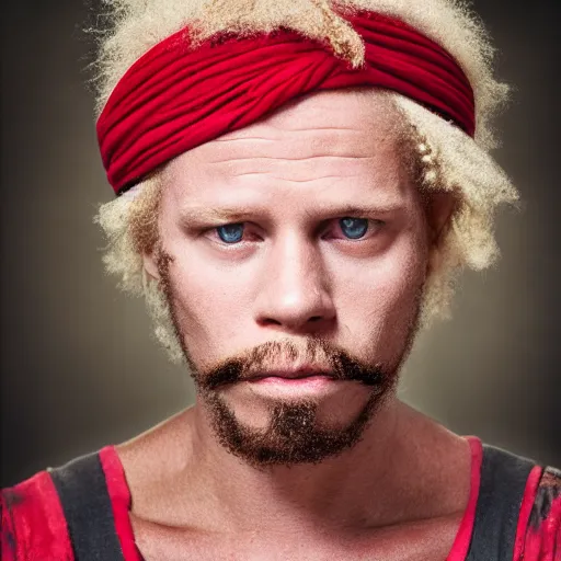 Prompt: photo portrait of an rugged albino african pirate with a red headband | brown vest | young adult stong, small blonde mustache, afro blonde hair, stern face, rugged and dirty, cinematic lighting at sundawn outdoors, movie color grading