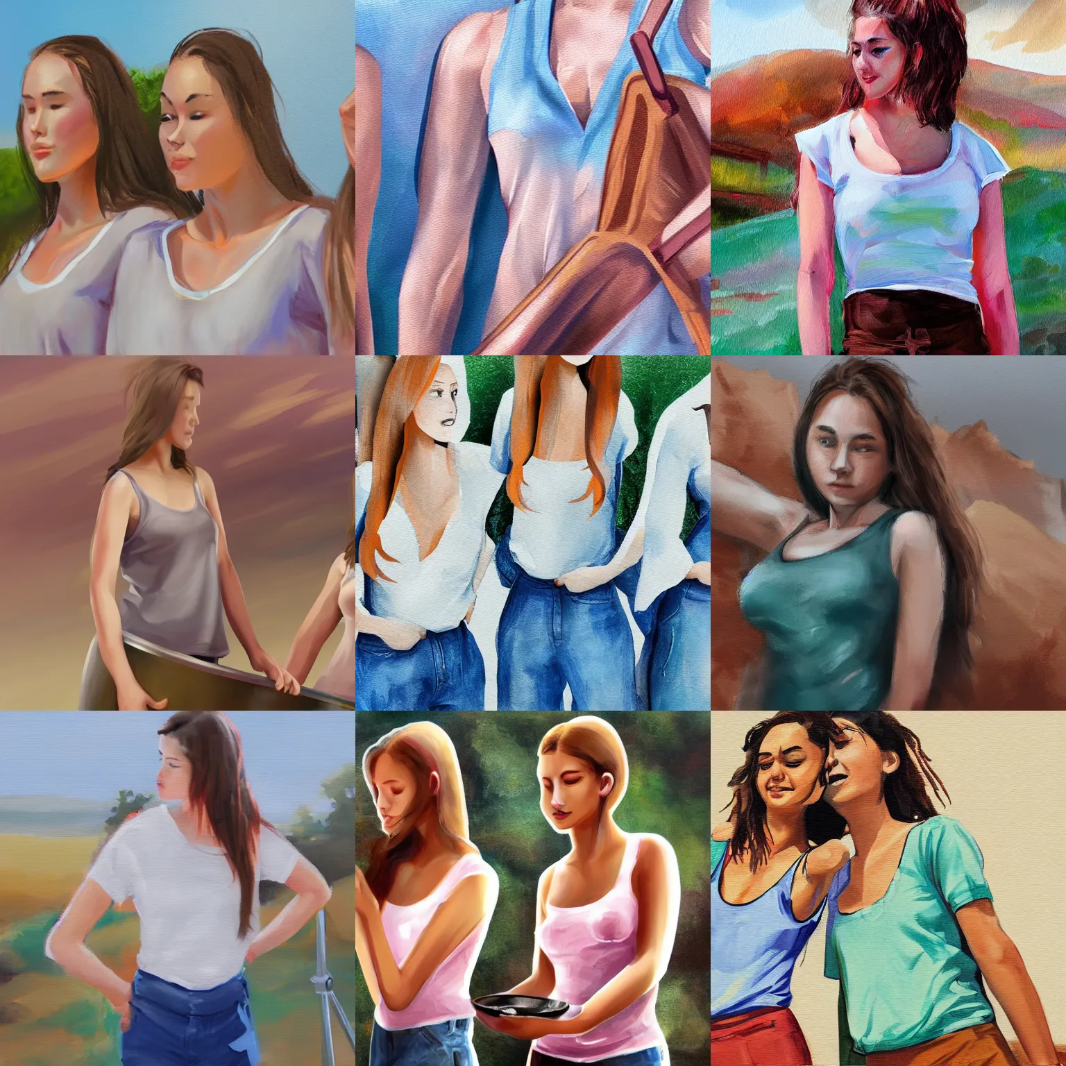 Prompt: young women with shirt and pans, landscape background, concept art painting, torso close up
