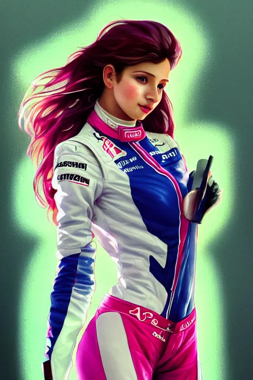 Prompt: portrait beautiful female formula one racer, wearing formula one racer uniform, at racing track, formula one car, ssci-fi, fantasy, intricate, very very beautiful, elegant, human anatomy, neon light, highly detailed, digital painting, artstation, concept art, soft light, smooth, sharp focus, illustration, art by tian zi and WLOP and alphonse mucha