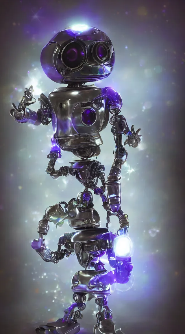 Image similar to portrait of a tiny robot with purple lights, professional photo, hdr, bokeh, sci fi, tiny castle, fantasy