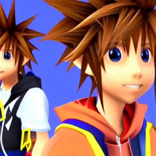 Prompt: Sora from kingdom hearts being bullied for his hair, Sora has brown spiky hair, funny, 1990's bullying ad