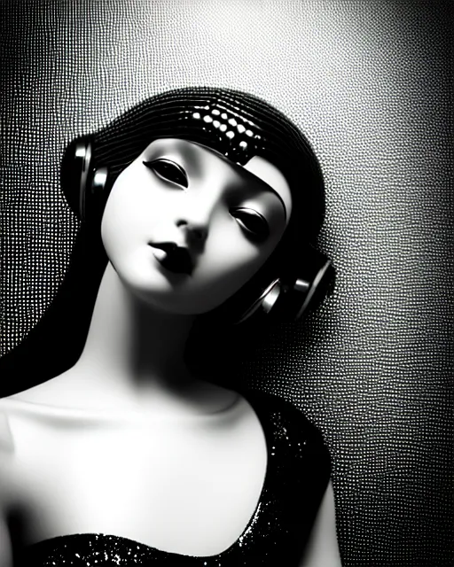 Image similar to black and white dreamy young beautiful female artificial intelligence, metropolis, cinematic, rim light, bokeh, photo - realistic, elegant, high detail, 8 k, masterpiece, photo taken in 1 9 3 0