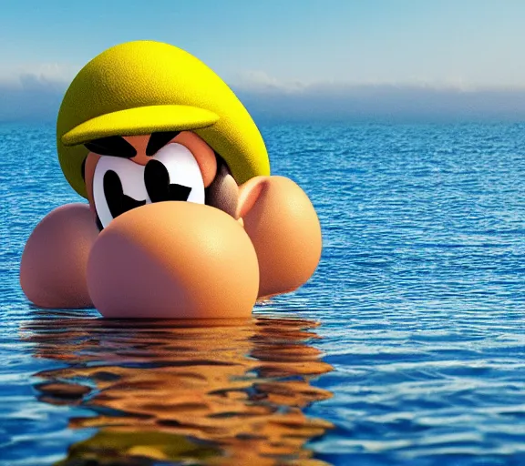 Prompt: luigi sitting on an egg flying over the sea, wide shot, dramatic, golden hour