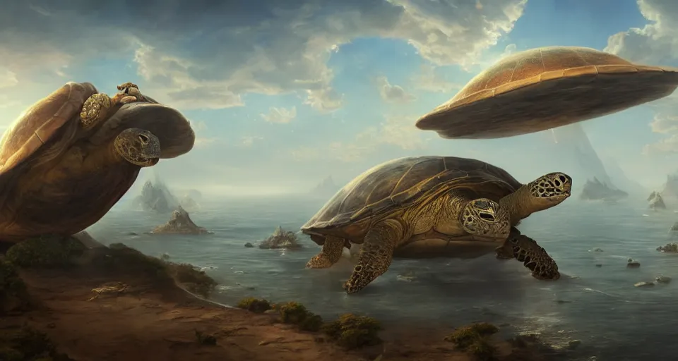 Image similar to flat earth on the back of a colossal turtle in space, realistic, matte painting, unreal engine, 8k, wide angle, f12, anders zorn, thomas kincade, trending on artstation