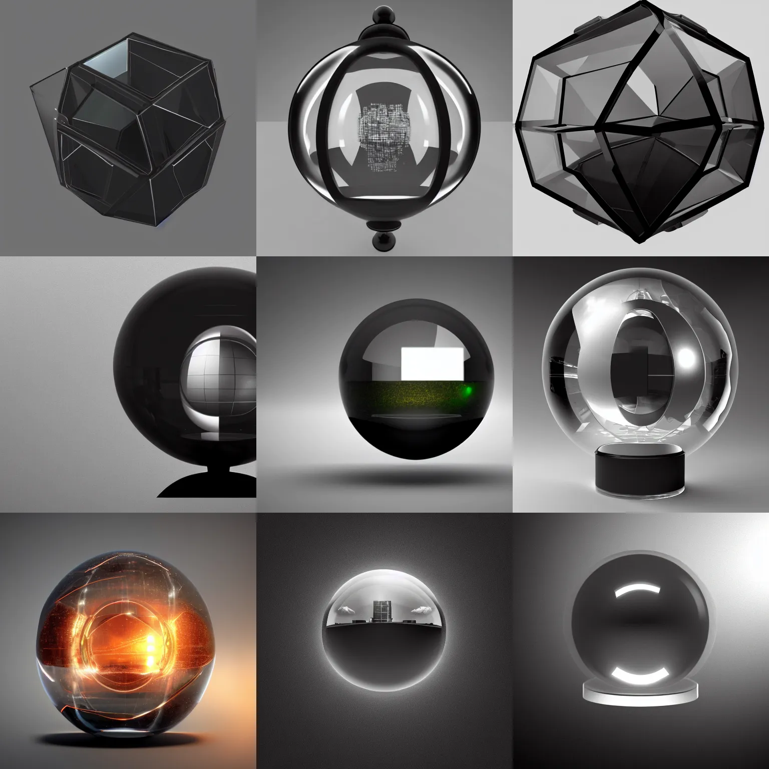 Prompt: black cube inside glass sphere, 8k photorealistic, HD, high details, concept art, trending on artstation