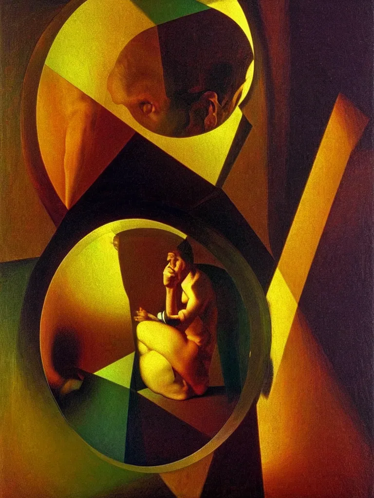 Image similar to hyperrealistic still life portrait of a mind recursively contemplating itself on lsd, sacred geometry tunnels, looking through a prism, by caravaggio and willem de kooning, surrealism, vivid colors, serene, golden ratio, rule of thirds, negative space, minimalist composition