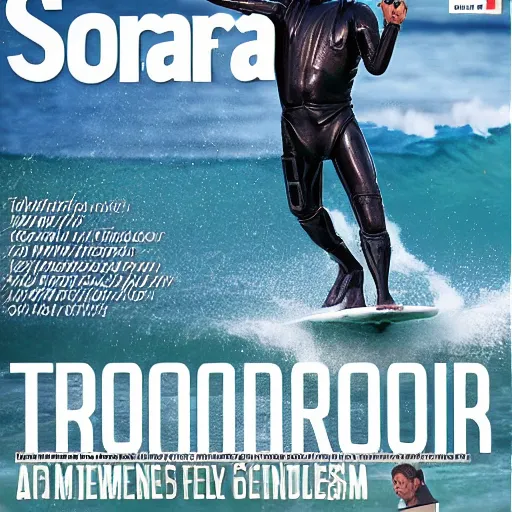 Prompt: terminator surfing in hawaii magazine cover