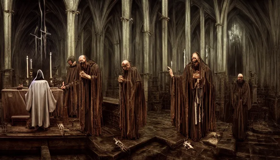 Prompt: dark rotting priest conducts rite of baptism, death church, blood, crosses, religion, death, fear, horror, ultra realistic, hyperrealism, fine details, detailed and intricate environment, by barlowe, by wayne, by gigger, 4 k