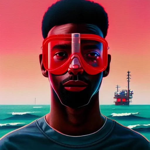 Image similar to a portrait of a black man :: side profile blood :: background sea :: intricate details :: futuristic oxygen mask :: 8k :: simon stalenhag and Sandra Chevrier