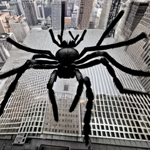 Prompt: a photograph of a giant spider taking over a city