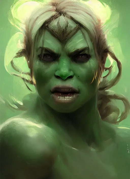 Prompt: green orc female, light green tone beautiful face by wenjun lin