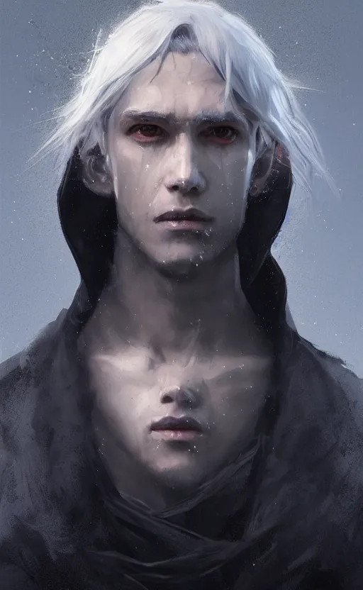 Prompt: portrait of a young man with glowong purple eyes, silver hair, silver hair, wearing a black cloak, fantasy, highly detailed, cinematic lighting, digital art painting by greg rutkowski
