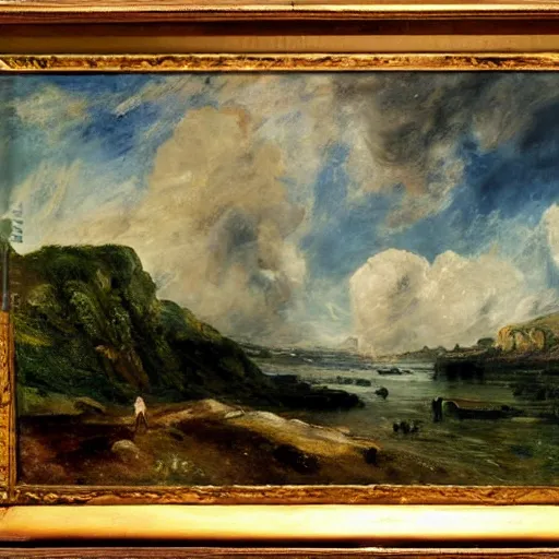 Image similar to painting of a lush natural scene on an alien planet by john constable. beautiful landscape. weird vegetation. cliffs and water.