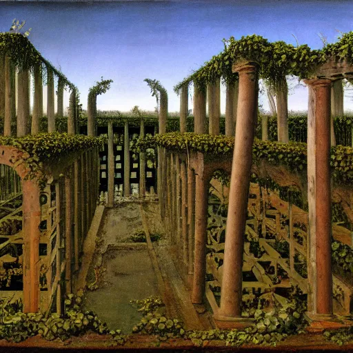 Image similar to a data center filled with server racks surrounded by ancient ruins and covered in vines, Caspar David Friedrich, oil painting