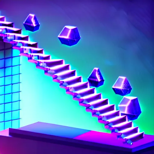 Prompt: mobile game asset, isometric staircase with crystals, organic low poly vector design, the stair has bioluminescent alien - like plants of pandora growing along the staircase, aesthetic of avatar's alien nature. very dark place at blue night, purple cyan, orange smooth glowdodge dark light, photoshop filter low poly behance hd