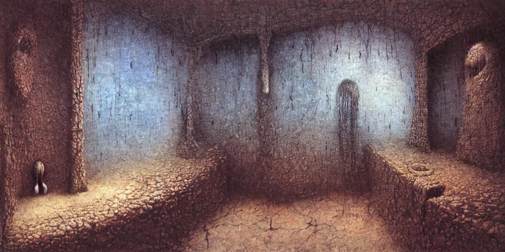 Image similar to detailed room of alchemist by Beksinski, Luis Royo