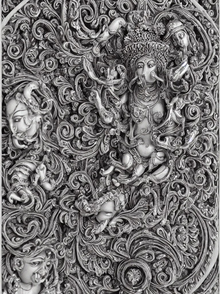 Prompt: beautiful decorative ornament with the goddess kali, decorative design, classical ornament, bilateral symmetry, symmetrical, highly detailed etching, marble carving