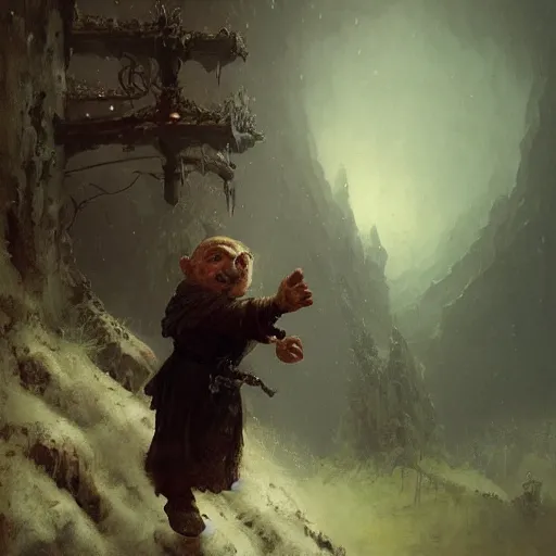 Prompt: small pale cowardly dwarf man wearing dark cloak, portrait, funny artwork, scared smile, close shot, round face, fantasy artwork, dnd, high fantasy, by karl spitzweg, whimsical