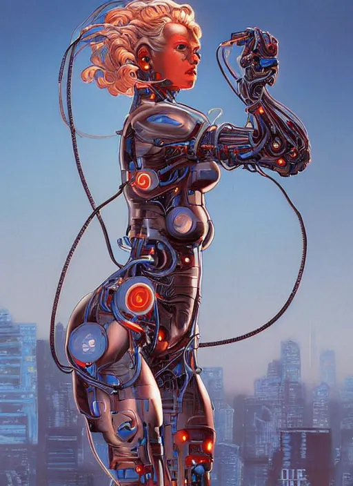 Image similar to a cyborg woman connected by cables bathed in a liquid by Michael Whelan and Tristan Eaton, highly detailed, trending on artstation