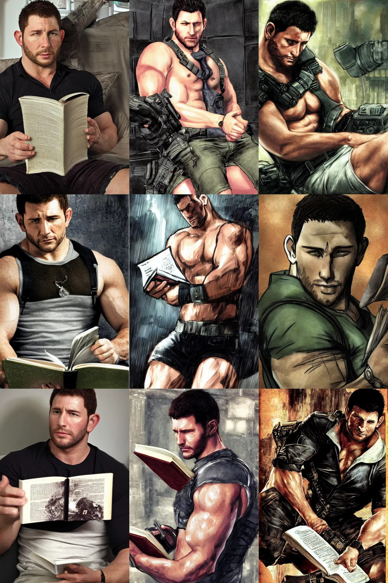 Prompt: chris redfield reading a book