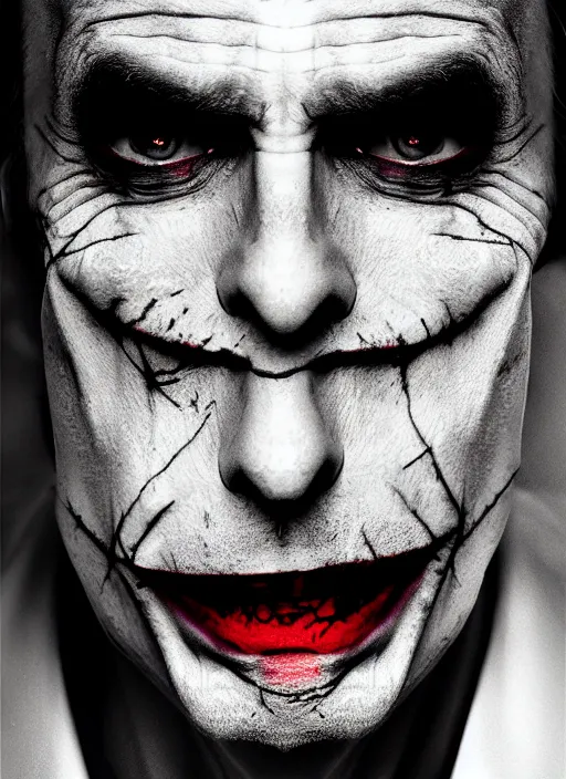 Prompt: photo of David Tennant as the Joker by Lee Jeffries and Eolo Perfido, big smile, head shot, detailed, award winning, Sony a7R, trending on artstation