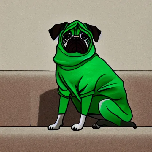 Prompt: a Pug wearing a green hoodie sitting on a couch, digital art, trending on artstation, HDR, nicely detailed