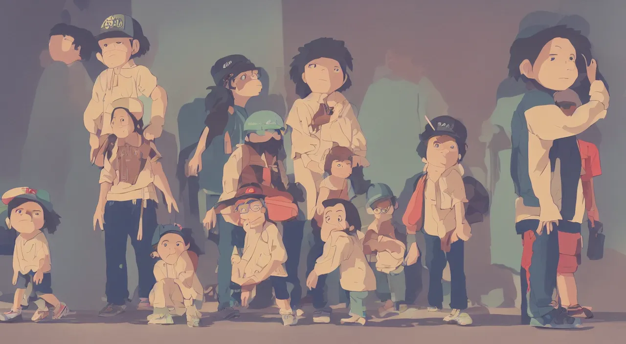 Image similar to (illustration) of 3-d young hip ape kids wearing a street clothes, by (((Studio Ghibli))), 8k, soft lighting, cartoon look, face enhance, sharp focus, concept art, smooth