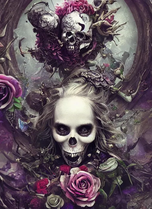 Image similar to Alice in Wonderland,roses, bullets, guns,death tarot card,highly detailed,half skull face,cinematic,8k,by Stanley Artgermm,Tom Bagshaw,Greg Rutkowski,Carne Griffiths, Ayami Kojima, Beksinski, Giger,trending on DeviantArt,hyper detailed,horror, full of colour