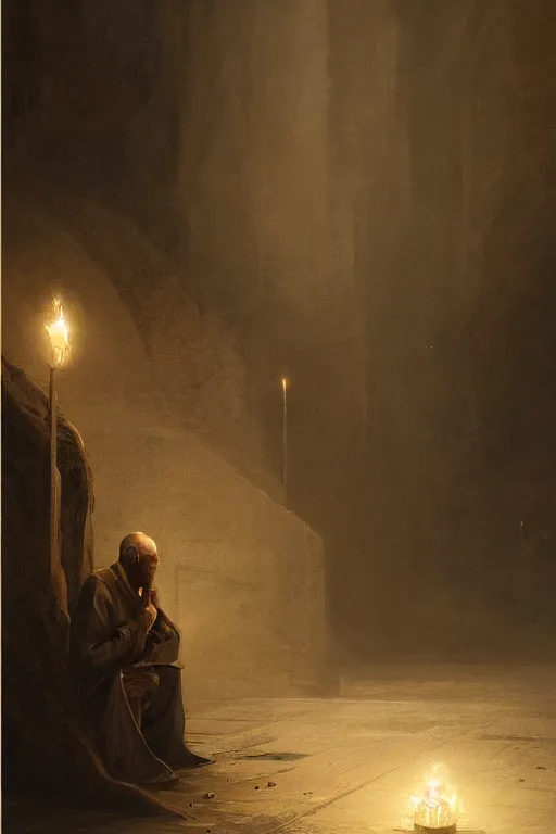 Prompt: lonely man sitting at lap praying, lit by the light of gods, abandoned by gods, hyperdetailed artstation cgsociety by greg rutkowski and by Gustave Dore