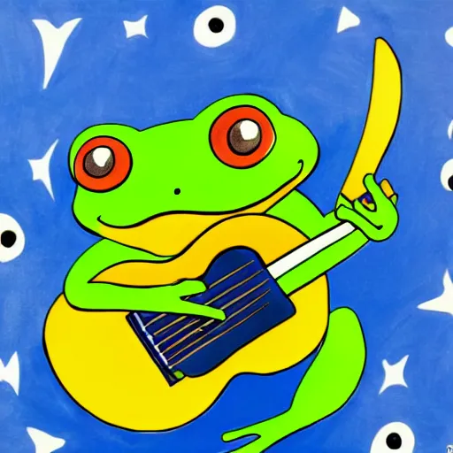 Image similar to frog playing on guitar, blue background, modern
