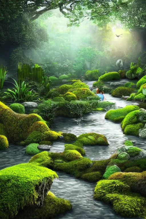 Prompt: hyper realistic detailed render of a heavenly garden of peace, eden filled with trees, stone slab, colourful flowers, moss, ferns, a girl meditating at a distance, small stream or puddles, birds, trending on artstation, volumetric lighting, hyper realistic, hyper detailed, high quality render, blender guru,