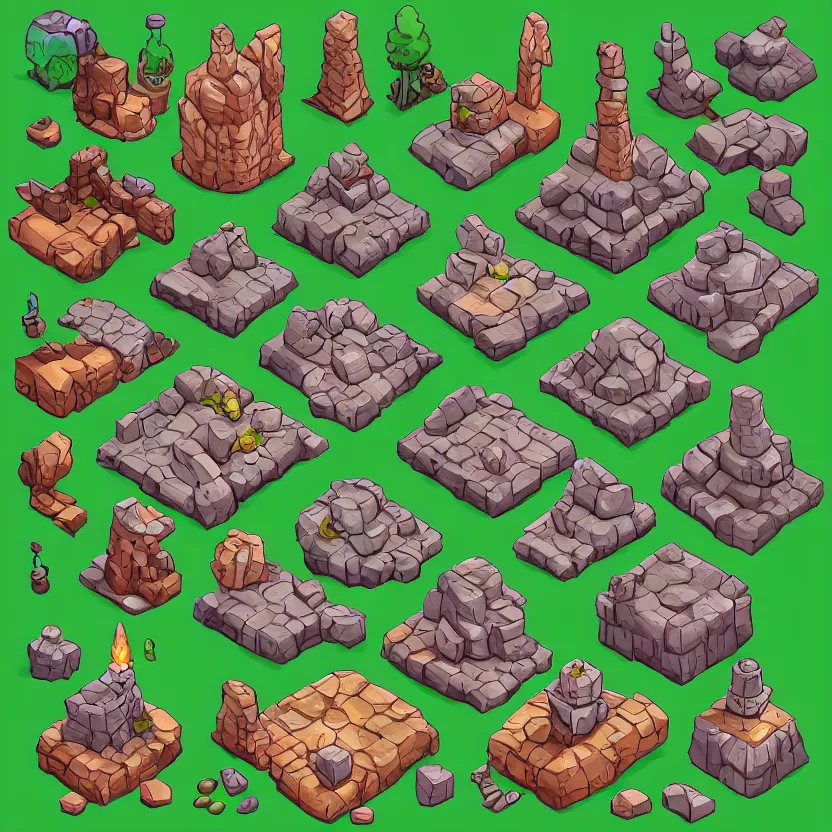 Image similar to set of isometric game tiles, containing a boulder, a wizard's tower, a cave, and several mines, colored lineart