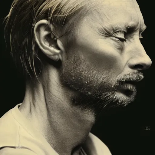 Image similar to collages, hyper realistic, many variations portrait of very old thom yorke, face variations, singer songwriter, ( side ) profile, various ages, macro lens, liminal space, by lee bermejo, alphonse mucha and greg rutkowski, greybeard, smooth face, cheekbones