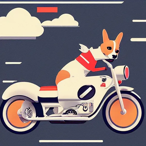 Image similar to “An incredibly cute corgi riding a motorcycle in style of Hiroshi Nagai, artstation, sharp focus, illustration”