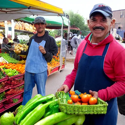 Prompt: mario selling vegetables on a farmer's market, morning