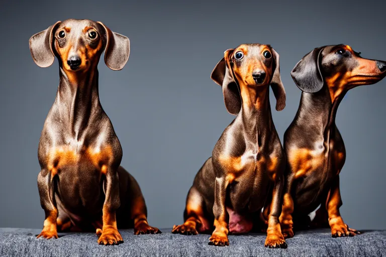 Image similar to Photo of a two-headed dachshund, portrait, 3/4 view, Refined, Detailed professional photo, 50mm lens, Canon eos, blurry distant background, Highly Detailed, Cinematic Lighting, 8k