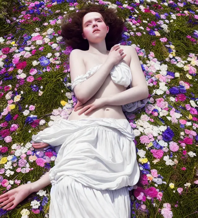 Prompt: baroque portrait of a icelandic princess in a white dress, lying down in a river made of thousands of flowers, cinematic lighting, photorealistic, octane render, 8 k, depth of field, art by artgerm and greg rutkowski and alphonse mucha and uang guangjian