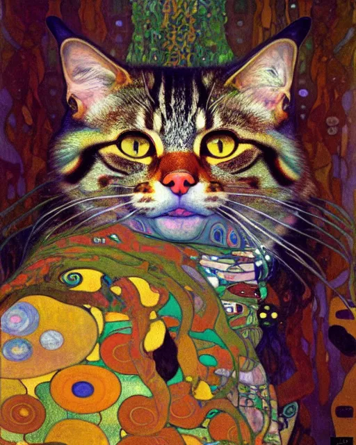 Prompt: wild forest cat portrait an oil painting splashes with many colors and shapes by gustav klimt greg rutkowski and alphonse mucha, polycount, generative art, psychedelic, fractalism, glitch art