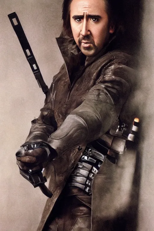 Prompt: A portrait photograph of Nicolas Cage as Luke Skywalker, award winning, by Annie Liebowitz