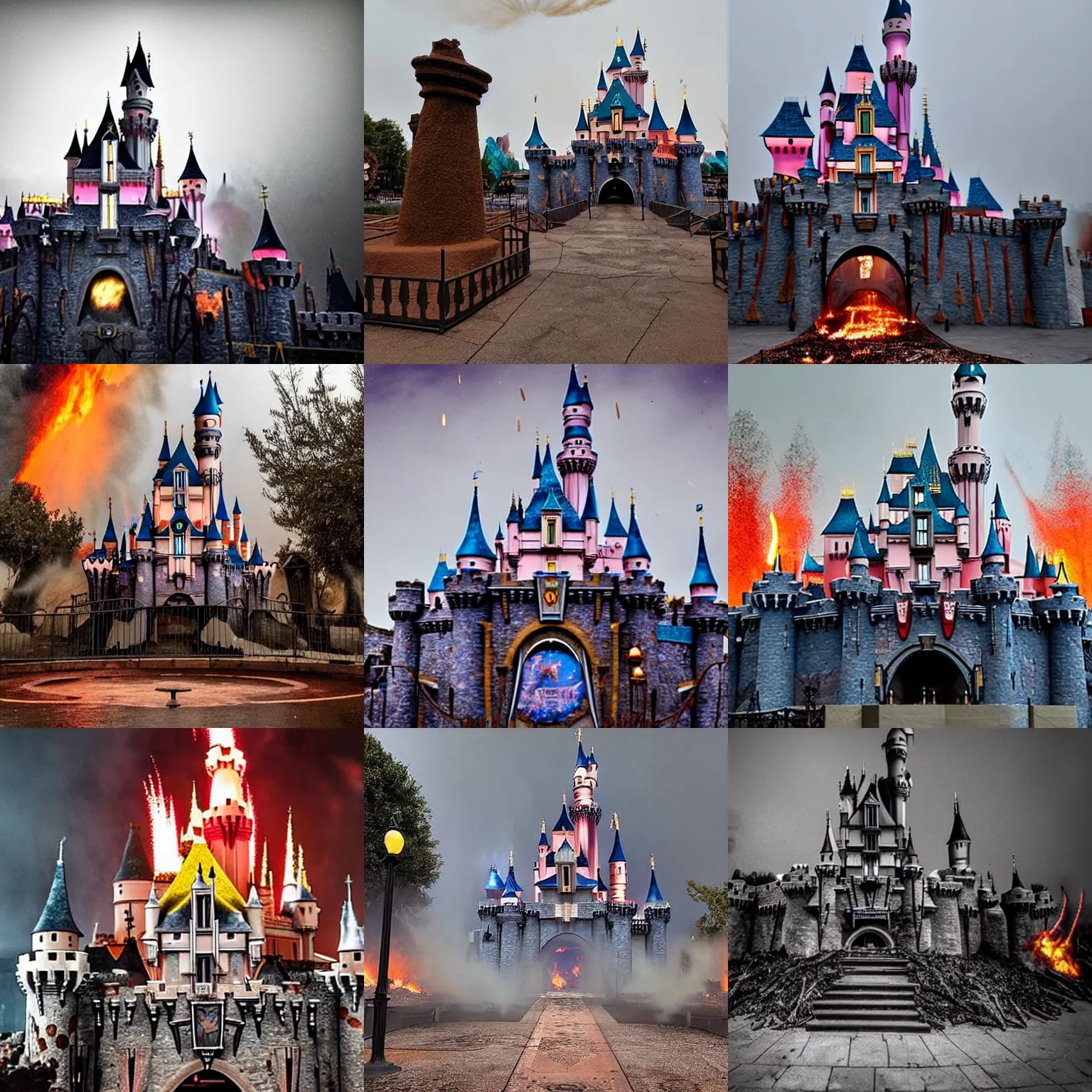 Prompt: desolate empty Disneyland castle ruins on fire engulfed in flames everywhere, burning at night, fireworks in the sky raining down glowing embers and burning debris, lots of smoke, fire, fire, fire, night, night, night. photo. apocalyptic. doomsday. cursed images, found footage.