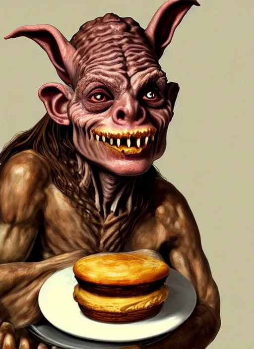 Image similar to portrait of a medieval goblin eating cakes in the cloisters beautiful face hyper realistic highly detailed digital painting artstation illustration co