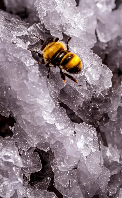 Image similar to the last bee entrapped under a layer of ice, beautiful macro photography, cold ambient light