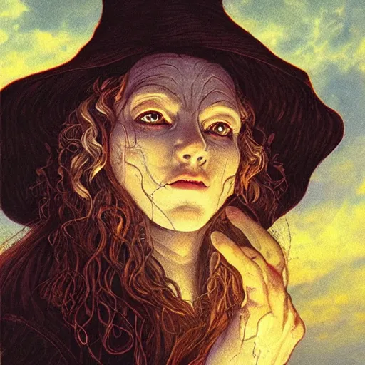 Image similar to a beautiful young cottagecore witch, highly detailed, masterpiece, illustrated, art by brom